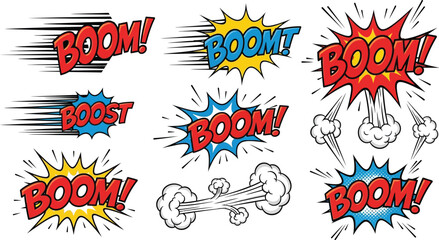 Obraz premium Set of Burst Icons Representing Explosion Bang Comic Style Effects for Emphasis Graphic Design Elements and Visual Storytelling Vector