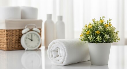 Spa Bathroom Items Rolled Towel Plant Alarm Clock
