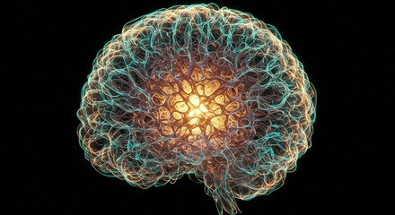 鮮やかに光り輝く脳の神経回路が複雑に絡み合い知性や思考を未来的に表現したデジタルイメージ. AI Generated