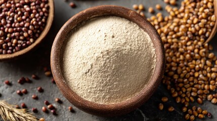 Artisanal wheat flour and grains on rustic table setting