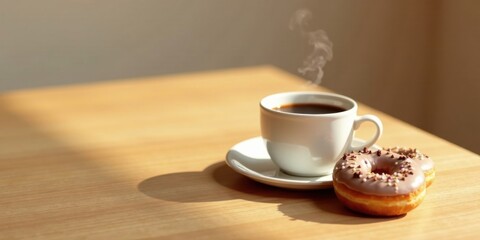 A steaming cup of coffee rests on a light wood table next to a pair of sweet, glazed donuts sprinkled with chocolate bits, bathed in warm sunlight.