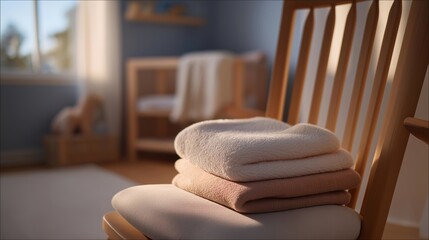 A folded baby blanket resting on a rocking chair in a softly lit nursery, delicate fabric textures emphasizing warmth and parental tenderness — family lifestyle scenes, newborn essentials, and home