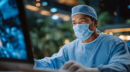 A surgeon maneuvering delicate instruments during minimally invasive operation, viewing magnified images on a monitor with steady focus — medical precision, surgical expertise, and high-tech