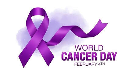 Purple ribbon with world cancer day text for awareness and support campaigns