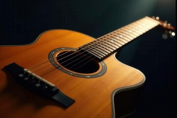 Fototapeta premium Acoustic guitar in spotlight, smoky dark background, close-up strings , strings, graphic