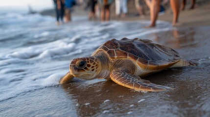 A coastal volunteer gently releasing a rescued sea turtle back into the ocean at sunrise, waves glistening as community members celebrate a moment of true environmental stewardship. cinematic color