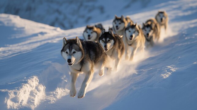 A dog-sled team racing across untouched snow, sled runners whispering over the surface while the musher navigates whiteout terrain &mdash; traditional Arctic travel, winter endurance journeys, and