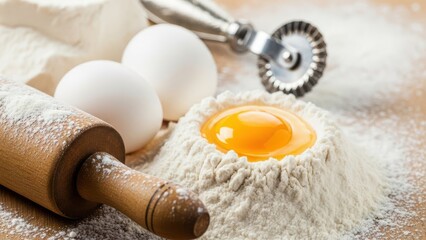 Baking Ingredients Eggs Flour Rolling Pin Dough Wheel