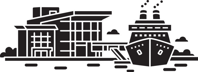 Modern cruise ship docking at contemporary harbor building illustration