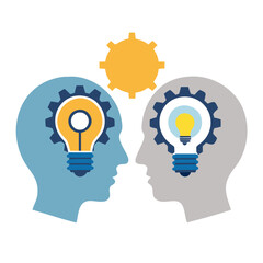 Vector of two human heads made of gears with light bulb shape inside. Innovation technology and new idea generation concept

