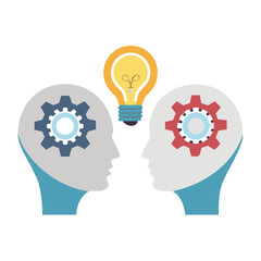 Vector of two human heads made of gears with light bulb shape inside. Innovation technology and new idea generation concept

