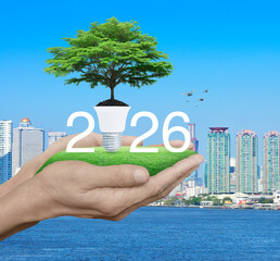 2026 white text with fresh tree on soil and light bulb on green grass in hands over city tower, skyscraper and river with birds, Happy new year 2026 green ecology and saving energy concept