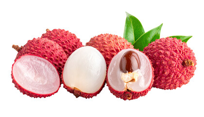 Lychee slices and halves aligned on white background