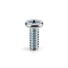 Shiny metallic Phillips head machine screw with threaded shaft, isolated on white studio background