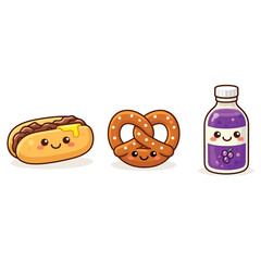 Cute Kawaii Hot Dog, Pretzel and Grape Juice Snack Set Vector