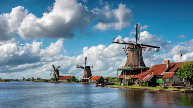 Traditional dutch windmills along a waterway under a dramatic blue sky with white clouds, 4k video