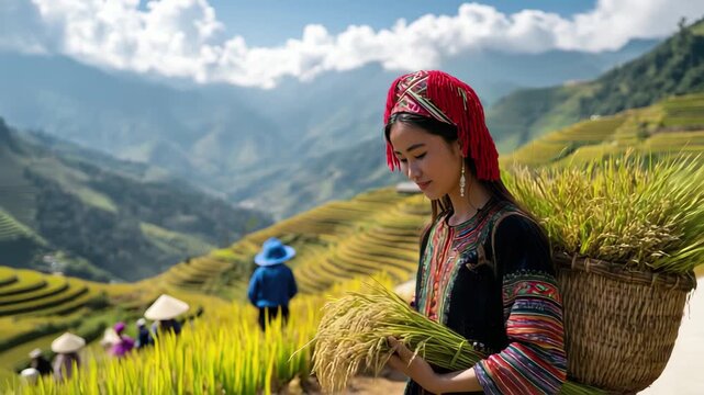 Smiling vietnamese woman in traditional attire harvesting golden rice in terraced fields under a bright sky, 4k video