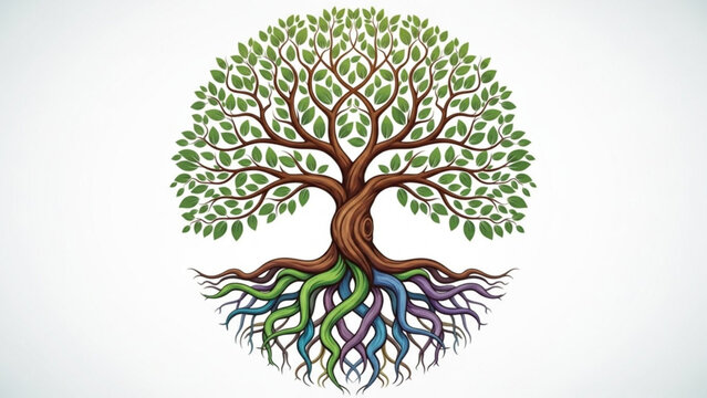 Vibrant tree of life illustration colorful roots and green canopy symbolizing growth and connection isolated on white