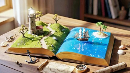 Imaginative 3D Pop Up Book Featuring Lighthouse Miniature Ship and Tropical Coastal Island