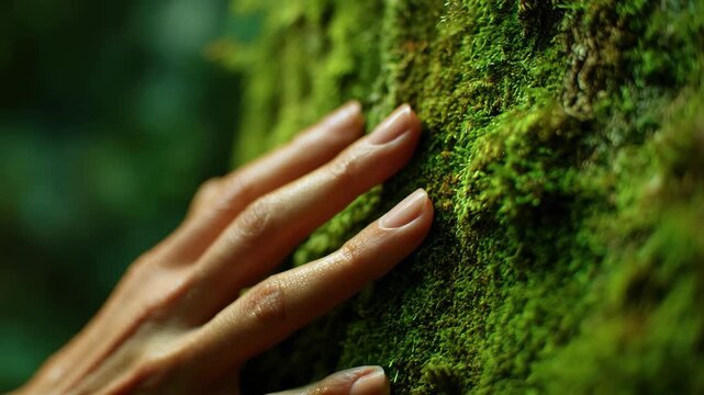 Closeup of a hand gently touching vibrant green moss growing on a tree trunk in a forest setting, 4k video
