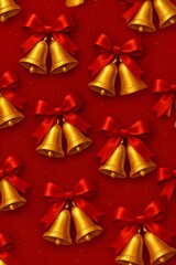 Golden christmas bells with a red ribbon bow and winter ornaments create a festive holiday decoration for a New Year celebration card design