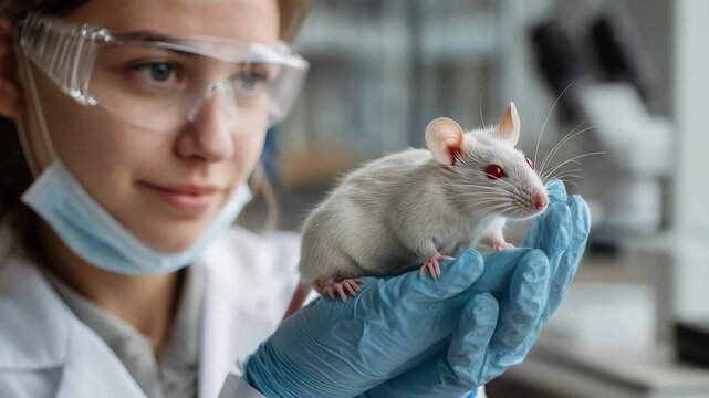 Scientist evaluates lab mouse in research setting during important scientific study in modern laboratory environment