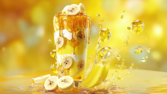 Delicious banana parfait or smoothie with honey drizzle and splashing liquid, 4k video