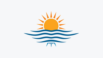 Obraz premium Stylized graphic of a bright orange sun rising over blue wavy water with a small structure below.