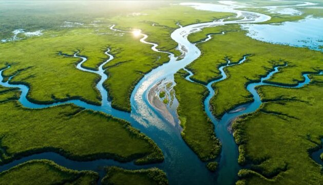 aerial view of a river delta with lush green vegetation and intricate waterways patterns landscape perfect for world wetlands day
