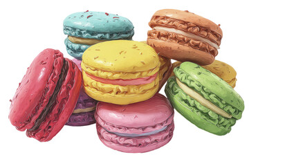 Colorful assorted macarons stack French pastry dessert sweets glossy texture isolated on white background
