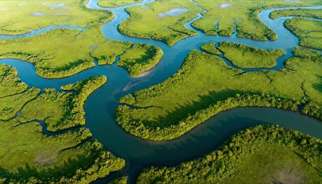 aerial view of a river delta with lush green vegetation and intricate waterways patterns landscape perfect for world wetlands day
