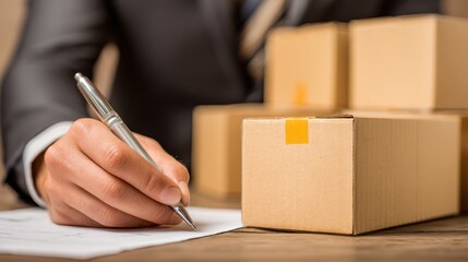 Businessman Preparing Shipment with Cardboard Boxes and Document