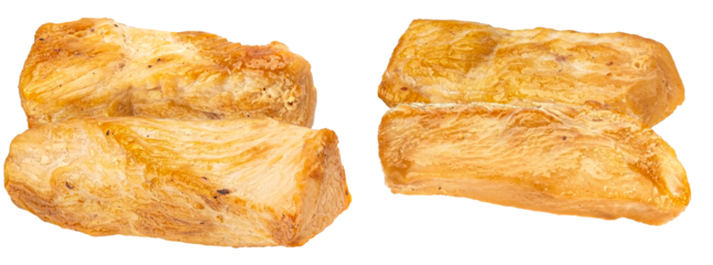 cooked chicken breast pieces on a transparent background, natural texture, perfect for healthy meals and recipes.