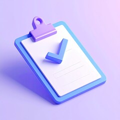 A 3D render of a clipboard with a checkmark, angled on a purple background