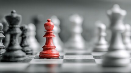 Red King Piece on Chessboard Surrounded by Monochrome Pieces