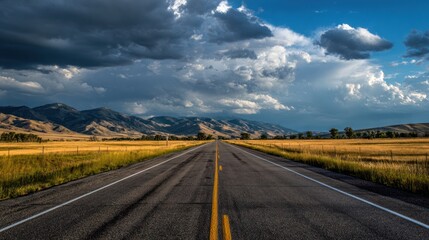 Serene Open Road Through Rural Landscape Under Dramatic Cloudy Sky