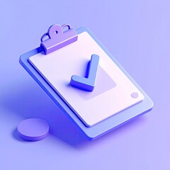 A 3D-rendered, minimalist clipboard with a checkmark on a lilac backdrop