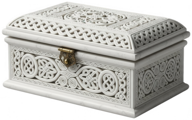 ornate carved white marble box with celtic knot and clasp