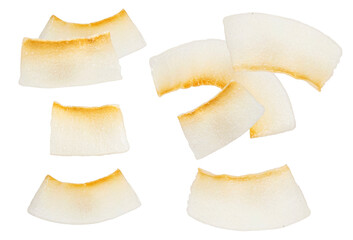 close-up photograph of toasted coconut flakes arranged in two distinct groups against a stark...