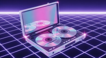Retro DJ Turntable with CDs Neon Grid