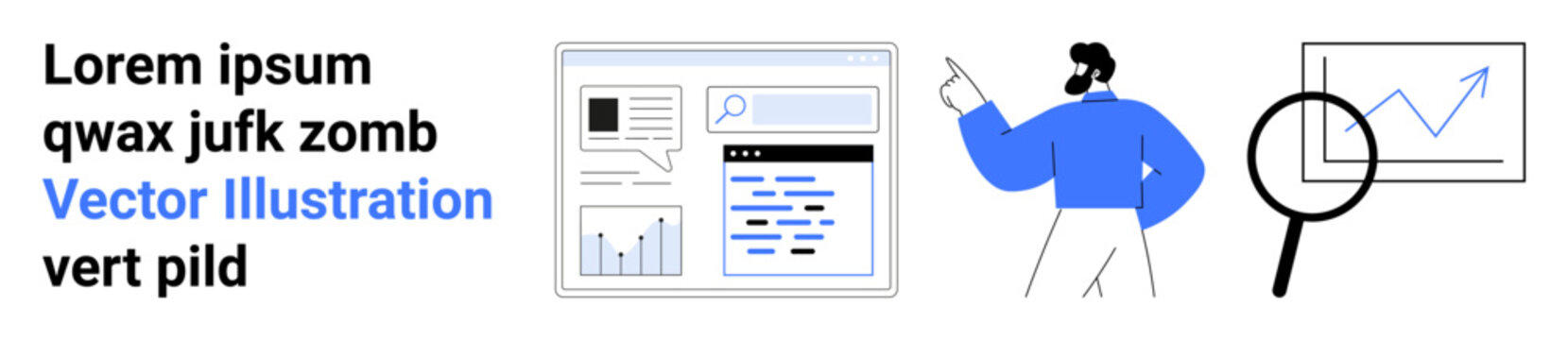 Data analysis, market research, online statistics, business growth, user experience, tech innovation. Display of graphs, charts and dashboard with person pointing to data. Data analysis and market