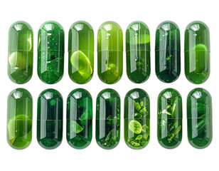 C&aacute;psulas Farmac&eacute;uticas Verdes Brillantes en Composici&oacute;n Ordenada, Concepto de Suplemento Natural, Aisladas en Fondo Transparente  (2)