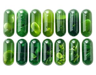 Cápsulas Farmacéuticas Verdes Brillantes en Composición Ordenada, Concepto de Suplemento Natural, Aisladas en Fondo Transparente  (2)