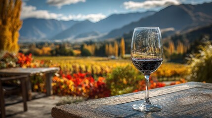 Scenic Vineyard Vista with Red Wine Glass on Wooden Tabletop