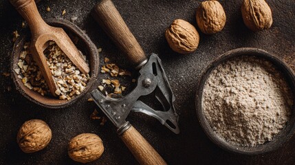 Walnut processing tools with nuts and cracked kernels on dark background