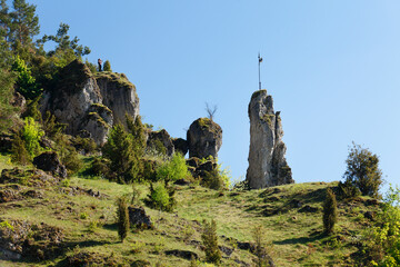 Rock formations and flag in Felsengarten Neuhaus in Aufsess valley outdoors
