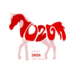 Holiday card Happy New Year 2026. Stylized image of a fire horse according to the Eastern Chinese calendar. Astrological New Year.	
