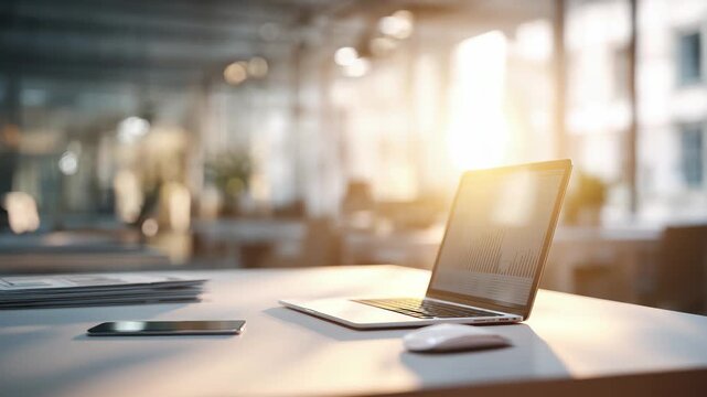 Laptop and smartphone on desk in modern office with bright sunlight flare, 4k video