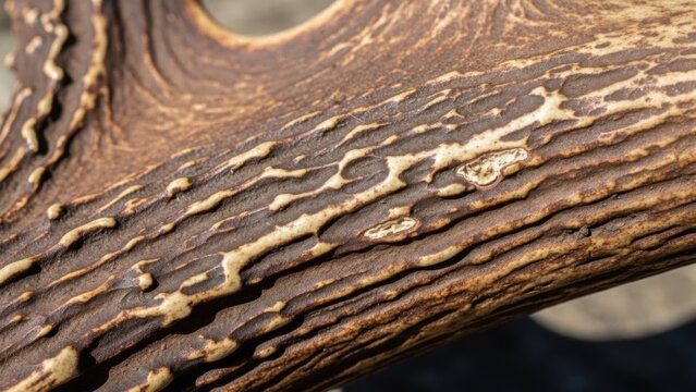 Intricate texture of a natural deer antler close-up, showcasing rustic patterns and organic forms