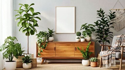 Modern Living Room Interior Featuring Green Indoor Plants and Minimalist Wooden Cabinet